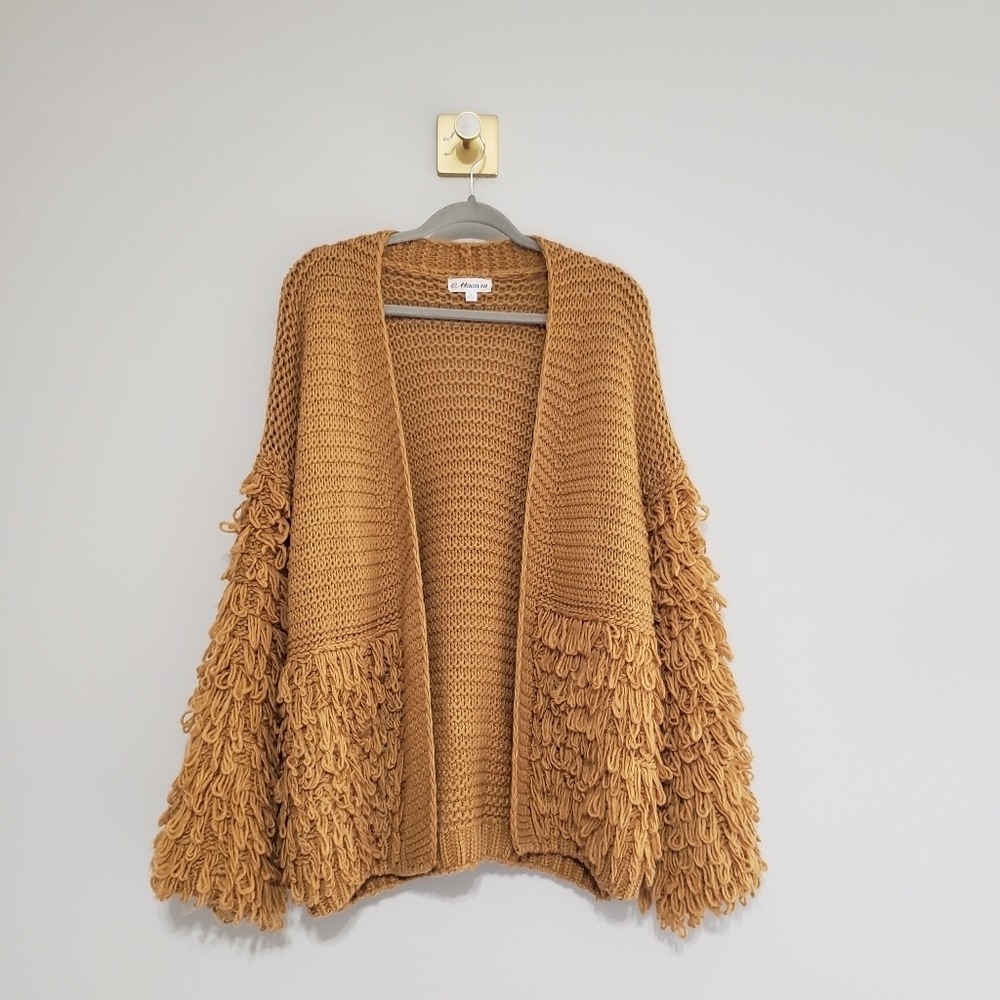 MACARON Texture Fringe Cardigan  Women Oversized Small Mustard Yellow Brown Boho